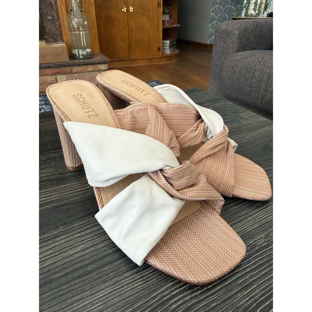 NWOT Schutz Wendy Pearl and Beige Leather Color Block High Heel Sandal Sz. 9.5